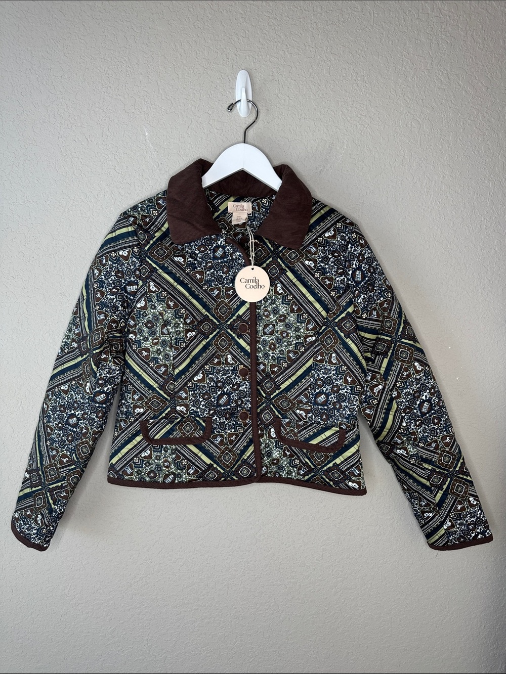 Camila Coelho Cropped Quilted Jacket Size M Brown Geometric Equestrian Pattern